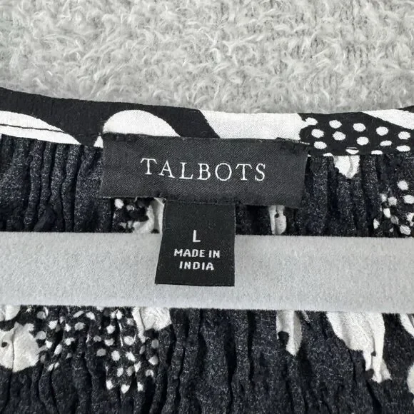 Talbots Top Womens L Black Butterfly Smocked Scoop Neck 3/4 Sleeves Elastic Cuff - Picture 2 of 15